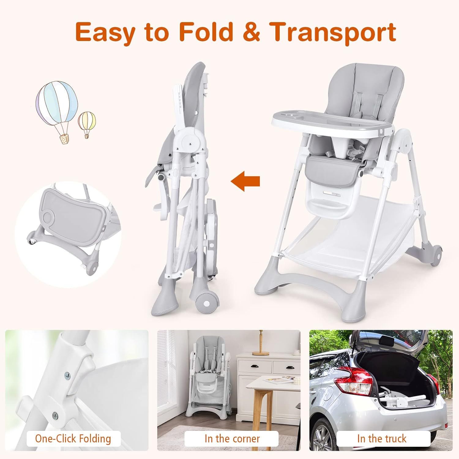 Foldable Highchair for Babies and Toddlers, Detachable Trays & PU Leather Seat Cushion