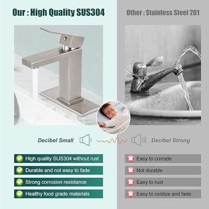 Brushed Nickel SUS304 Stainless Steel Bathroom Faucet Single Handle 1 Hole Basin Mixer Tap Deck Mount Vessel Sink Faucets Lavatory Vanity Bathroom Faucets for Sink 1 Hole（Drain Not Included）