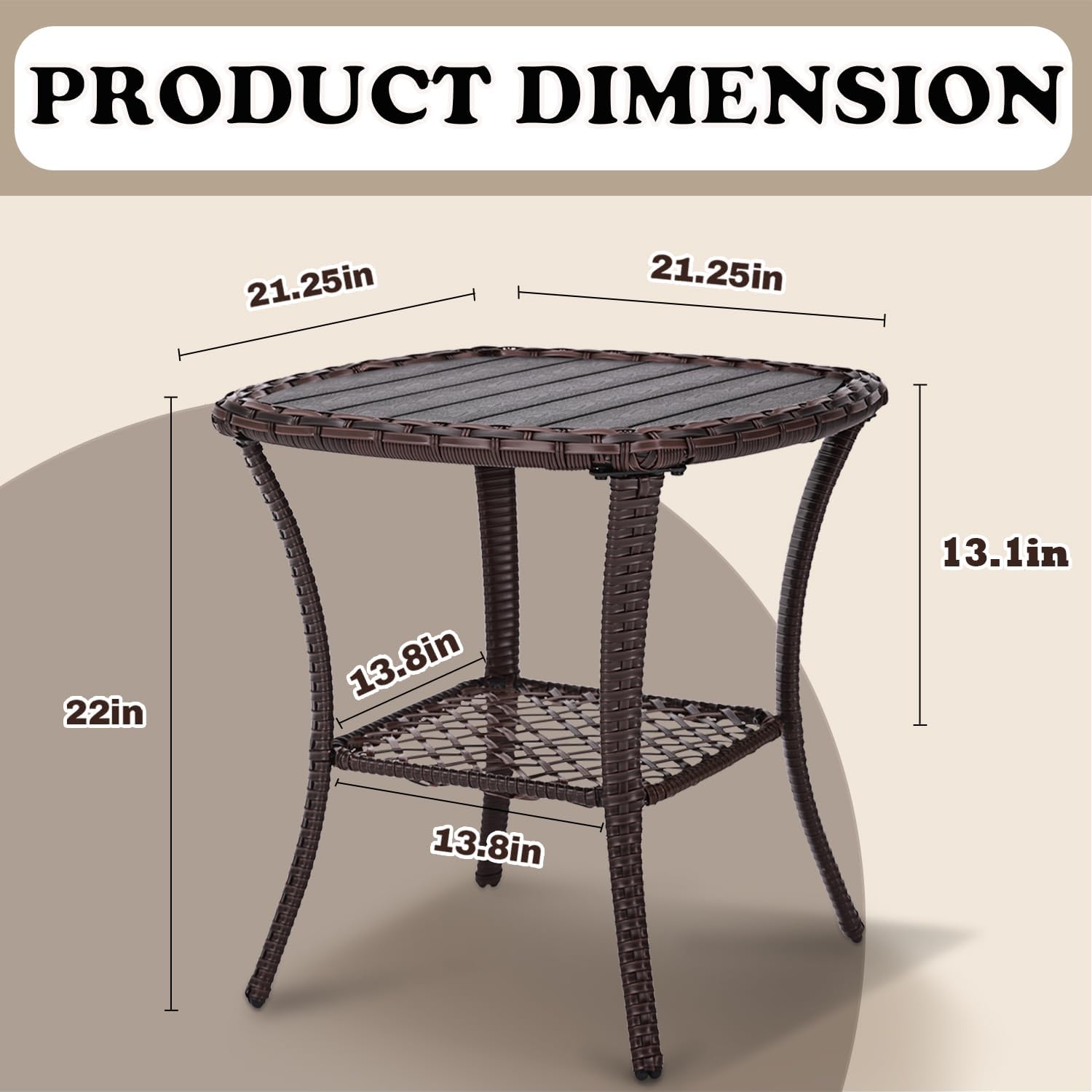 Outdoor Patio Side Table Small Brown Wicker Rattan End Table for Outside Storage