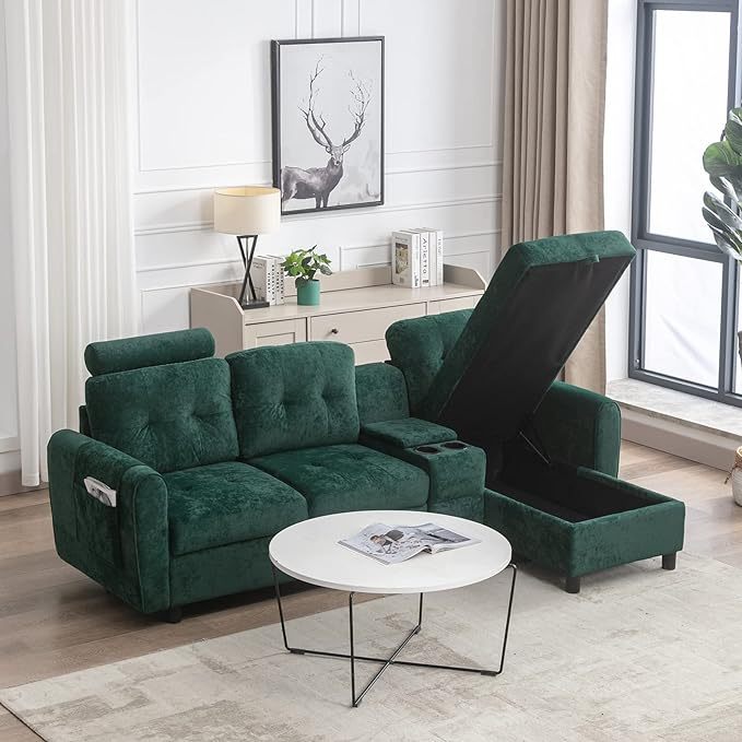 Sectional Sofa Couch with Storage, Small L-Shaped Couches with Chaise & 2 Cup Holders