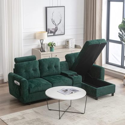 Sectional Sofa Couch with Storage, Small L-Shaped Couches with Chaise & 2 Cup Holders