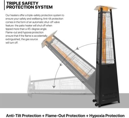 42000 BTU Propane Pyramid Patio Heater with Wheels and Glass Tube Flame Burner Outdoor Patio Heater for Commercial Use, Residential, Garden, Backyard, Porch, Deck, Balcony (Black)