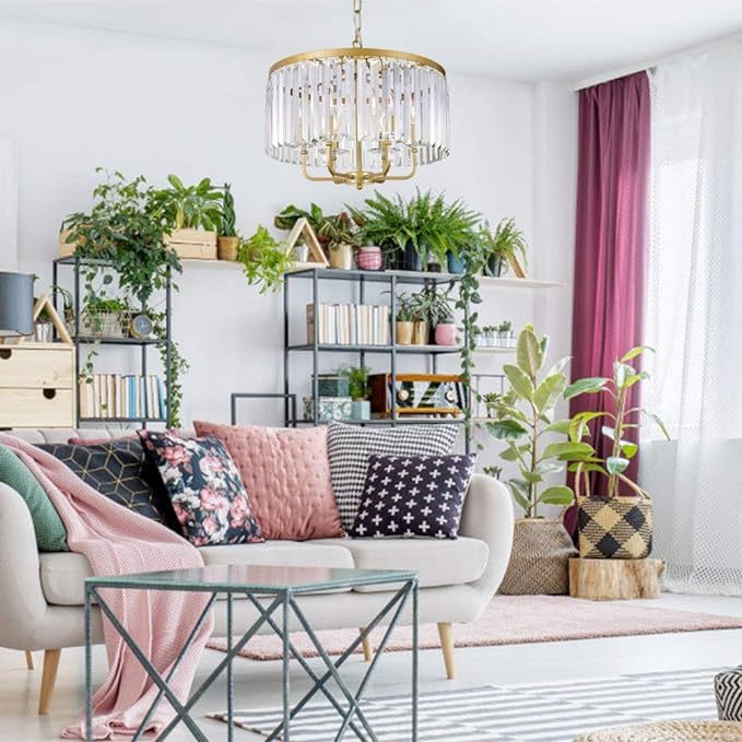 Gold Crystal Chandelier, 6 Lights Modern Gold Drum Chandelier Light Hanging Round Light Fixture for Dining Room, Living Room, Bedroom, Entryway, Kitchen, Foyer, 20'' W