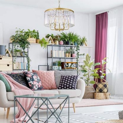 Gold Crystal Chandelier, 6 Lights Modern Gold Drum Chandelier Light Hanging Round Light Fixture for Dining Room, Living Room, Bedroom, Entryway, Kitchen, Foyer, 20'' W