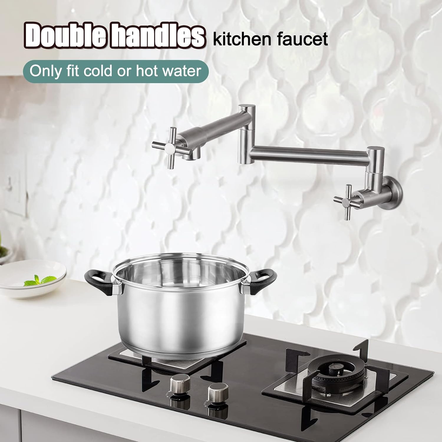 Pot Filler Kitchen Faucet Stainless Steel SUS304 Two Cross Handle Single Hole 19" Spout Wall Mounted Stretchable Swing Arm Brushed Nickel Commercial Kitchen Faucet Control Water