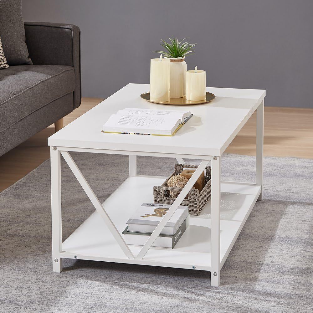 Rustic Coffee Table, Modern Living Room Table with Storage Shelf, White Oak
