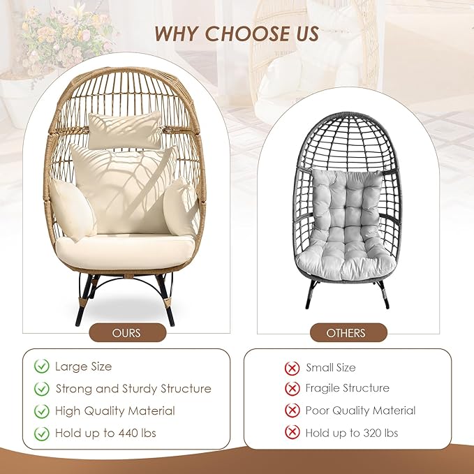 Oversized Wicker Egg Chair Hand-Woven Stable and Sturdy 440 lbs. Load
