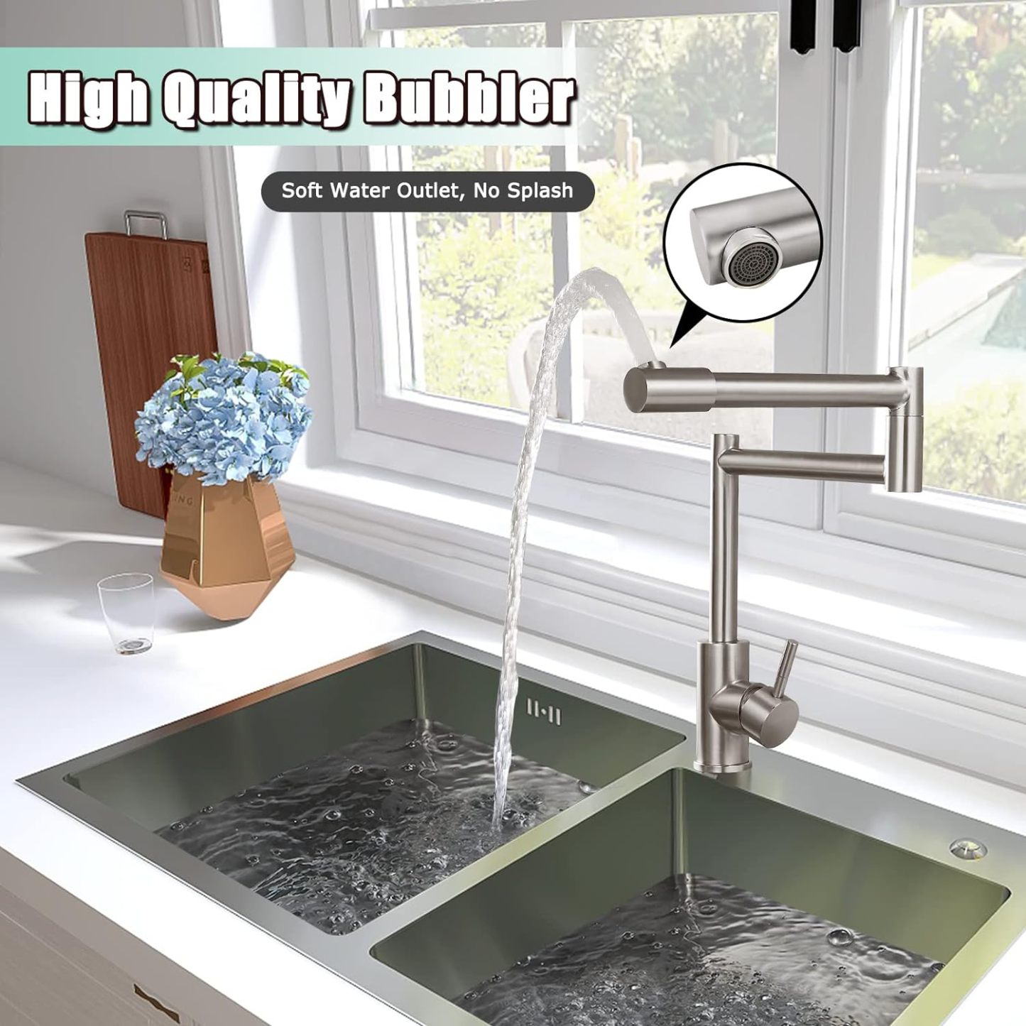 Brushed Nickel Pot Filler Faucet Deck Mounted Single Handle Double Joints Free Rotating Modern Pot Filler Deck Mounted Countertop Retractable Commercial Kitchen Sink Faucet Stainless Steel
