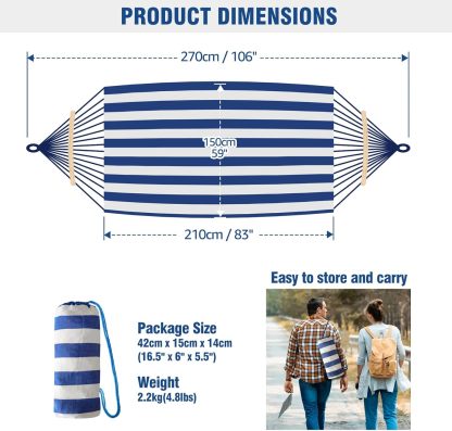 Garden Cotton Hammock Comfortable Fabric Hammock with Spreader Bar Durable Hammock Up to 450lbs Portable Lightweight Hammock with Travel Bag,Perfect for Camping Outdoor/Indoor Patio Backyard