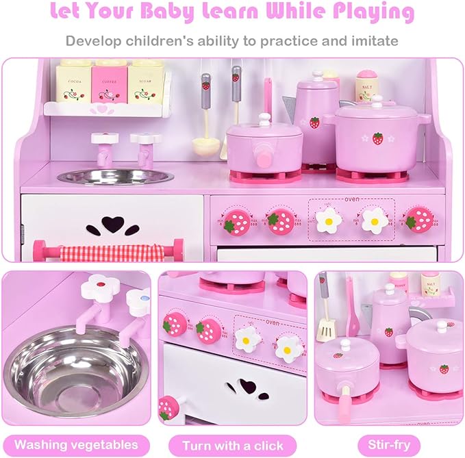 13 Pcs Cookware Utensils, Faucet, Stove, Storage Cabinet, Little Chef Toy Kitchen Set