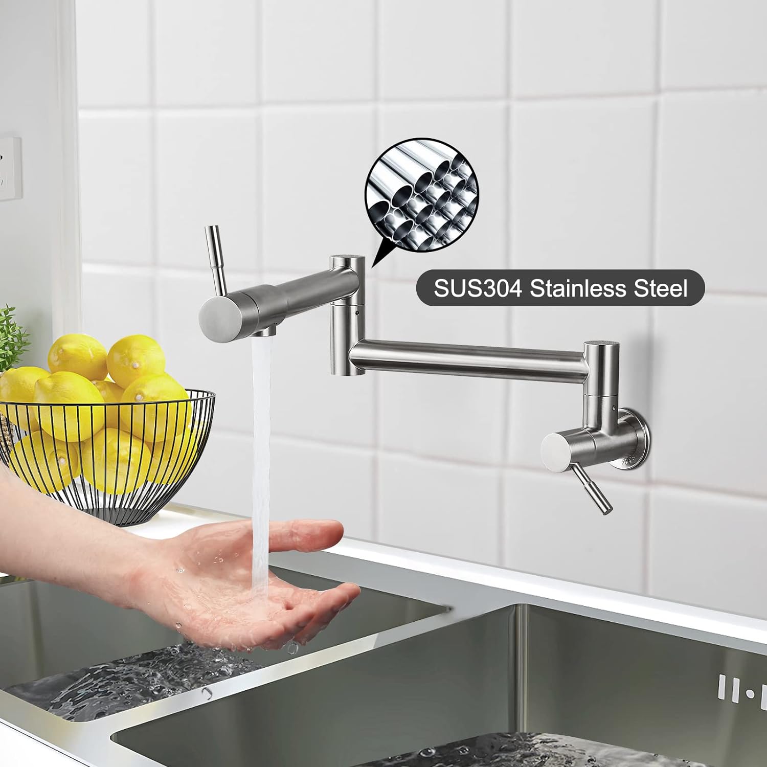 19" Pot Filler Brushed Nickel Wall Mounted Folding Stretchable Kitchen Restaurant Faucet with Double Joint Swing Arm Single Hole Two Handles Commercial NPT Stainless Steel Stove Tap