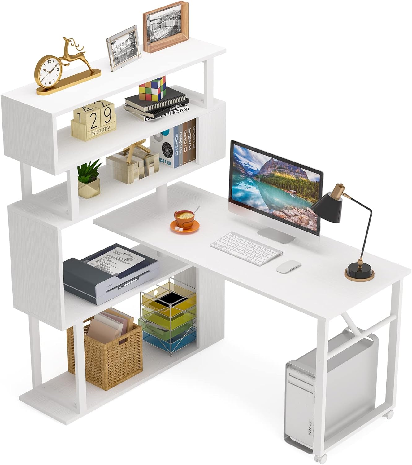 Rotating Computer Desk with 5 Shelves Bookshelf, Modern L-Shaped Corner Desk with Storage 39.37"D x 47.24"W x 60.23"H
