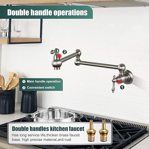 Restaurant Double Handles Pot Filler Brushed Nickel Kitchen Folding Faucet with 360 Degrees Swing Arm Classical Heyalan Single Hole SUS304 Stainless Steel Wall Mount Dual Joints