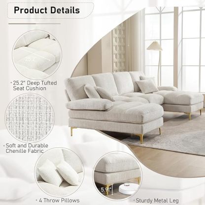 U-Shaped Sectional Sofa, Modern Chenille Tufted Overstuffed Comfy Cloud 4 Seater Couch