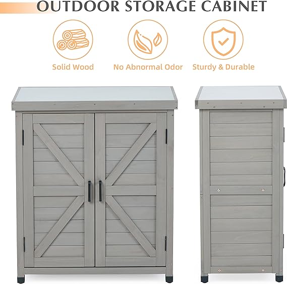Outdoor Storage Cabinet & Potting Bench Table with Metal Top, Wooden Patio Furniture, Garden Workstation