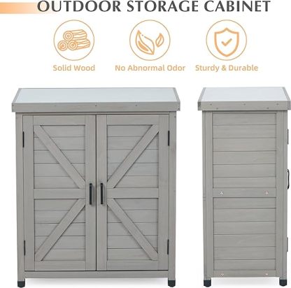 Outdoor Storage Cabinet & Potting Bench Table with Metal Top, Wooden Patio Furniture, Garden Workstation