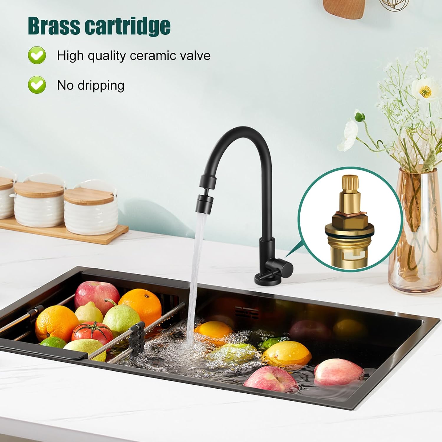 Cold Water Only Kitchen Faucet 360 Degree Swivel Spout Matte Black High Arc Sink Tap Brass Faucet Goose Neck