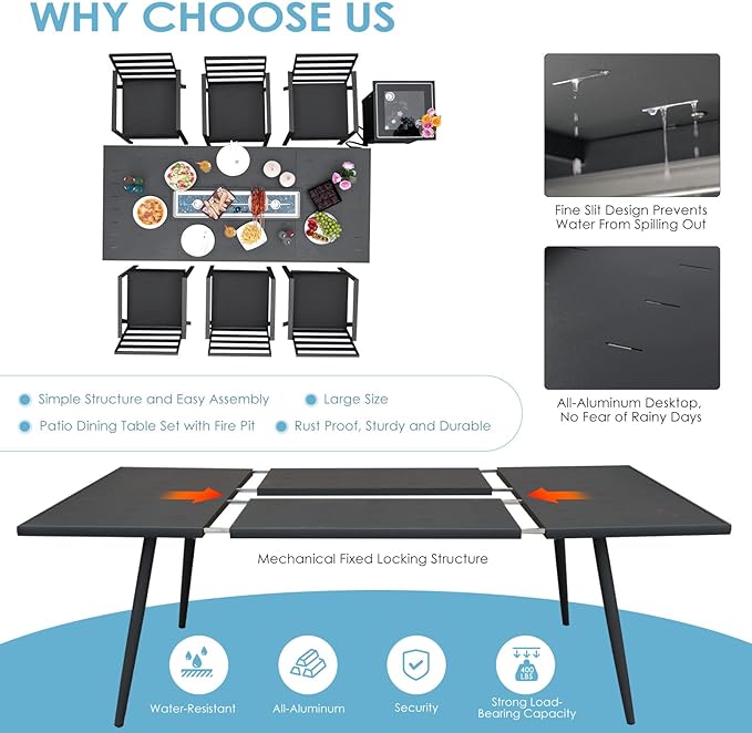 Outdoor Patio Furniture Sets Aluminum Dining Set Large Size Dining Table with Fire Pit Table