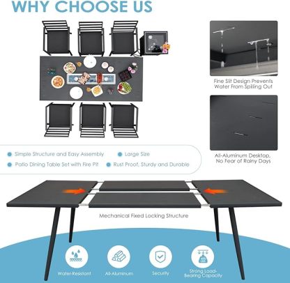 Outdoor Patio Furniture Sets Aluminum Dining Set Large Size Dining Table with Fire Pit Table