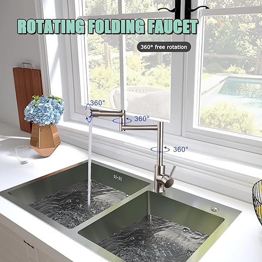 Brushed Nickel Pot Filler Faucet Deck Mounted Single Handle Double Joints Free Rotating Modern Pot Filler Deck Mounted Countertop Retractable Commercial Kitchen Sink Faucet Stainless Steel