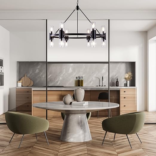 Black Farmhouse Chandelier 38 inch, 12 Lights Modern Wagon Wheel Chandeliers for Dining Room Entryway