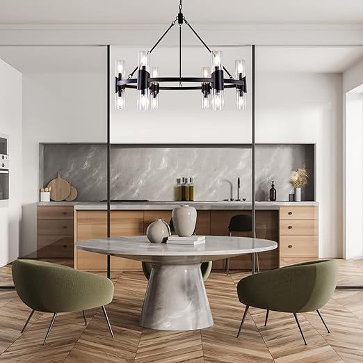 Black Farmhouse Chandelier 38 inch, 12 Lights Modern Wagon Wheel Chandeliers for Dining Room Entryway