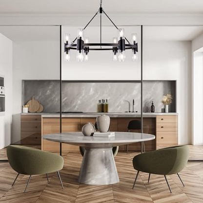 Black Farmhouse Chandelier 38 inch, 12 Lights Modern Wagon Wheel Chandeliers for Dining Room Entryway