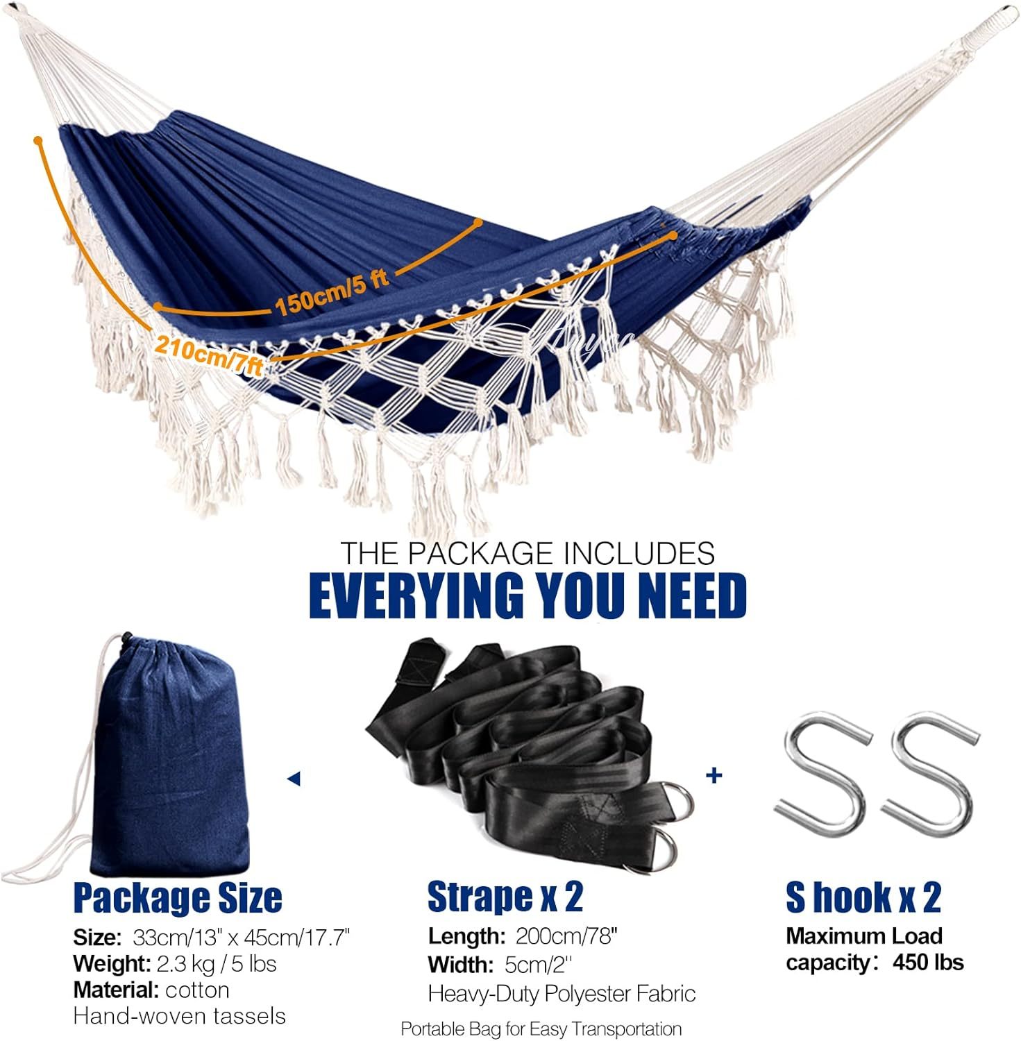 Garden Cotton Hammock Comfortable Fabric Elegant Deluxe Tassels Durable Swing Hammock Up to 450lbs Portable Hammock with Travel Bag,Perfect for Porch Patio Yard Bedroom Outdoor/Indoor