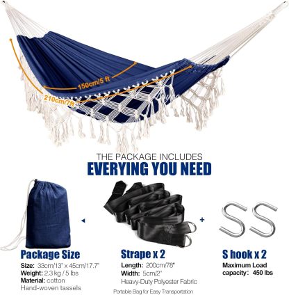 Garden Cotton Hammock Comfortable Fabric Elegant Deluxe Tassels Durable Swing Hammock Up to 450lbs Portable Hammock with Travel Bag,Perfect for Porch Patio Yard Bedroom Outdoor/Indoor