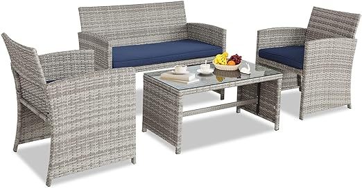 4 Pieces Outdoor Conversation Set Sectional Patio Furniture with PE Wicker Rattan Patio Set with Glass Coffee Side Table All Weather Furniture for Backyard