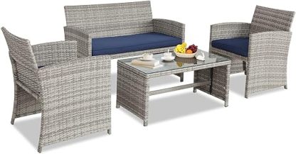 4 Pieces Outdoor Conversation Set Sectional Patio Furniture with PE Wicker Rattan Patio Set with Glass Coffee Side Table All Weather Furniture for Backyard