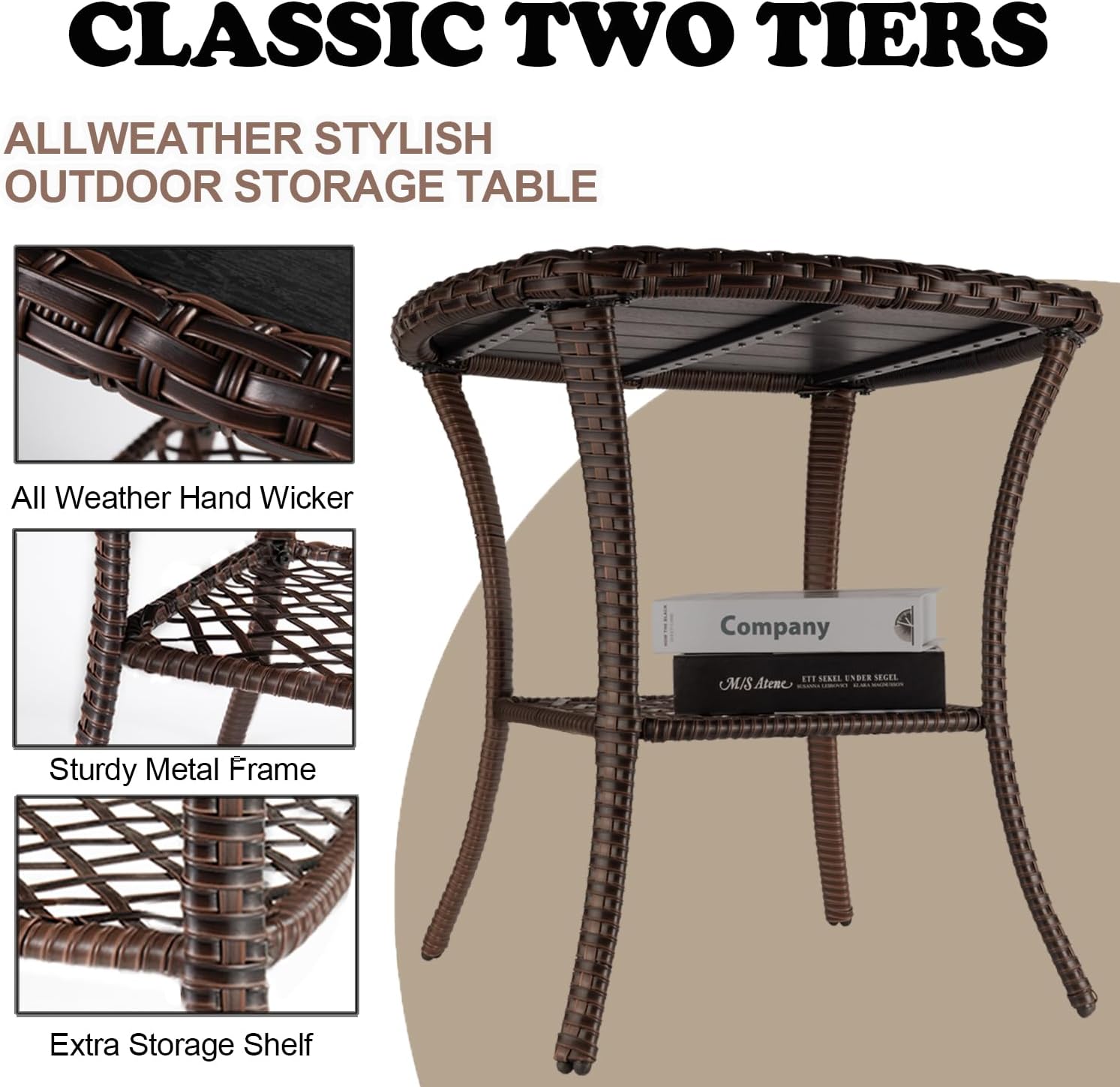 Outdoor Patio Side Table Small Brown Wicker Rattan End Table for Outside Storage