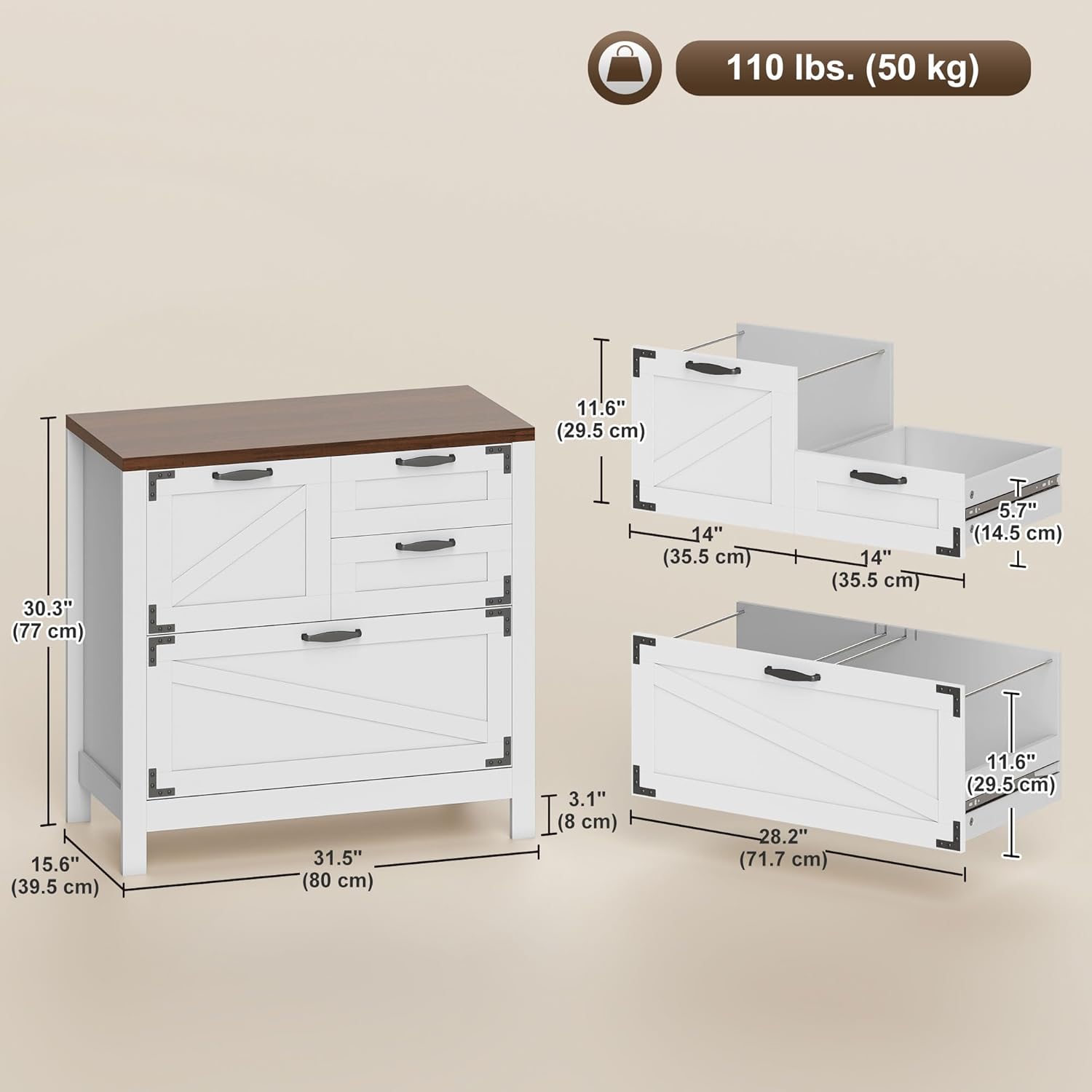 4 Drawer File Cabinet, Farmhouse Lateral Filing Cabinet with Adjustable Hanging Rails for Letter/A4/Legal Size Files