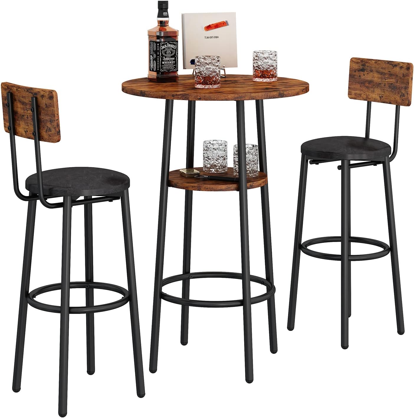 3-Piece Bar Table Set for 2, Small 2-Tier Round Bistro Pub Dining Table & PU Upholstered Stools with Backrest