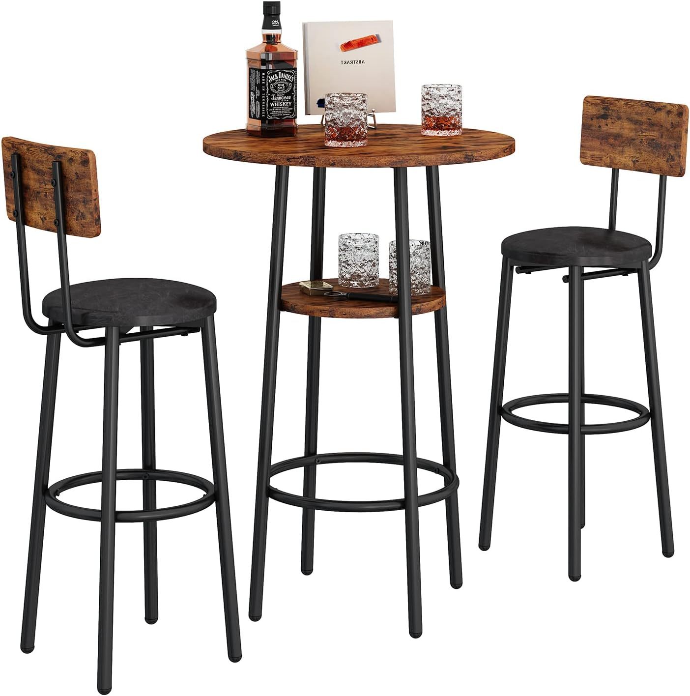 3-Piece Bar Table Set for 2, Small 2-Tier Round Bistro Pub Dining Table & PU Upholstered Stools with Backrest