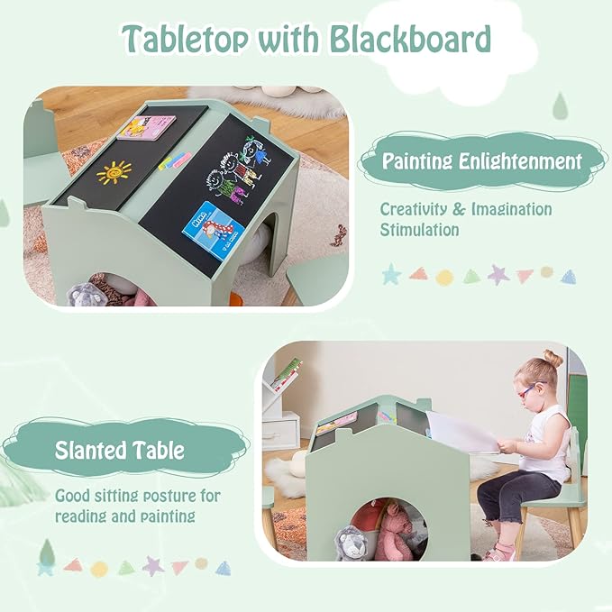 Kids Table and Chair Set, 3 Pieces Wooden Table Set for Toddler