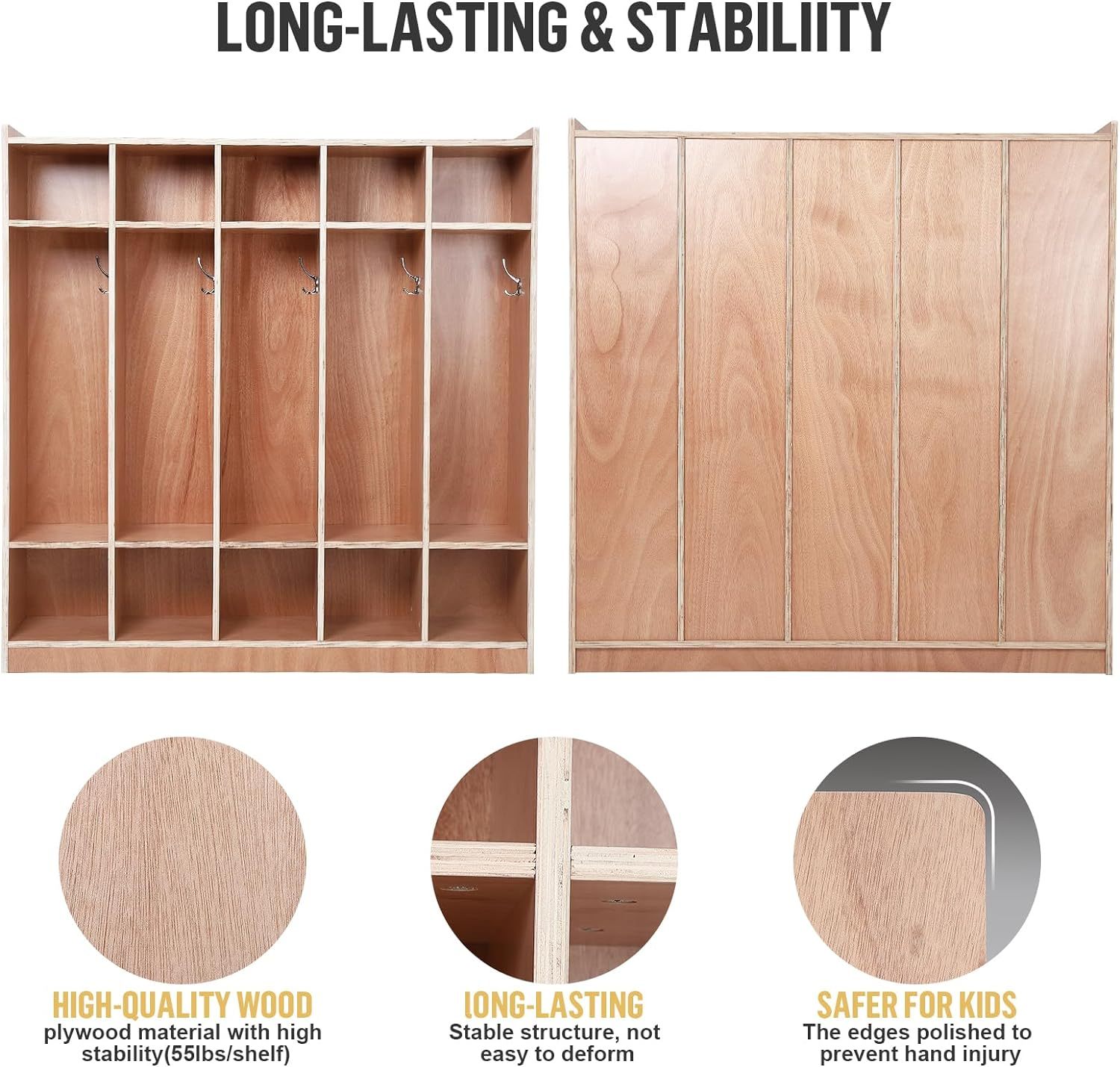 5-Section Classroom Coat Locker Glazed Finished, 10 Cubbies for Classrooms