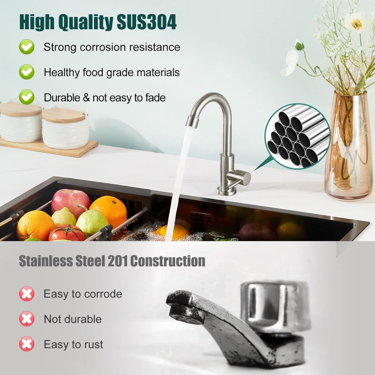 Cold Water Only Kitchen Faucet Brushed Nickel Single Handle 1 Hole 360 Degree Swivel Spout Deck Mount High Arc SUS304 Stainless Steel Sink Bar Tap Goose Neck with Hose(Drain Not Included)