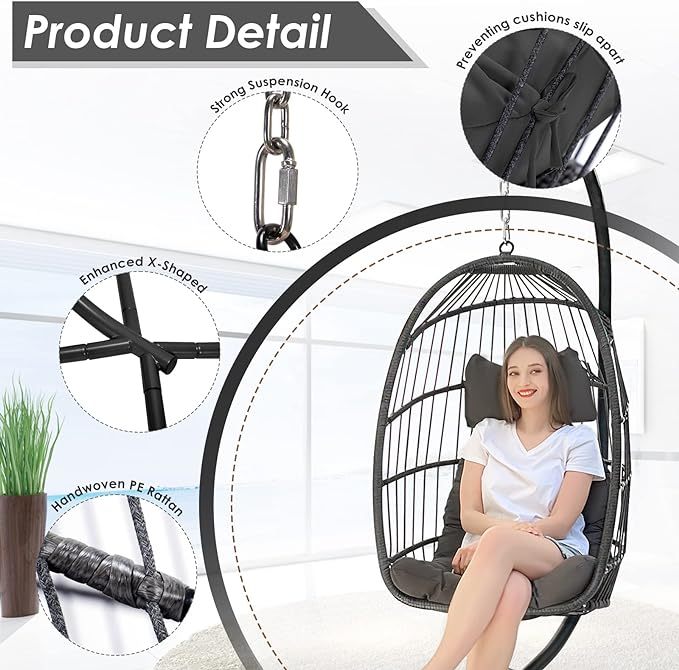 Hanging Egg Chair with Stand Outdoor Swinging Egg Chair with Water Resistant Cushions