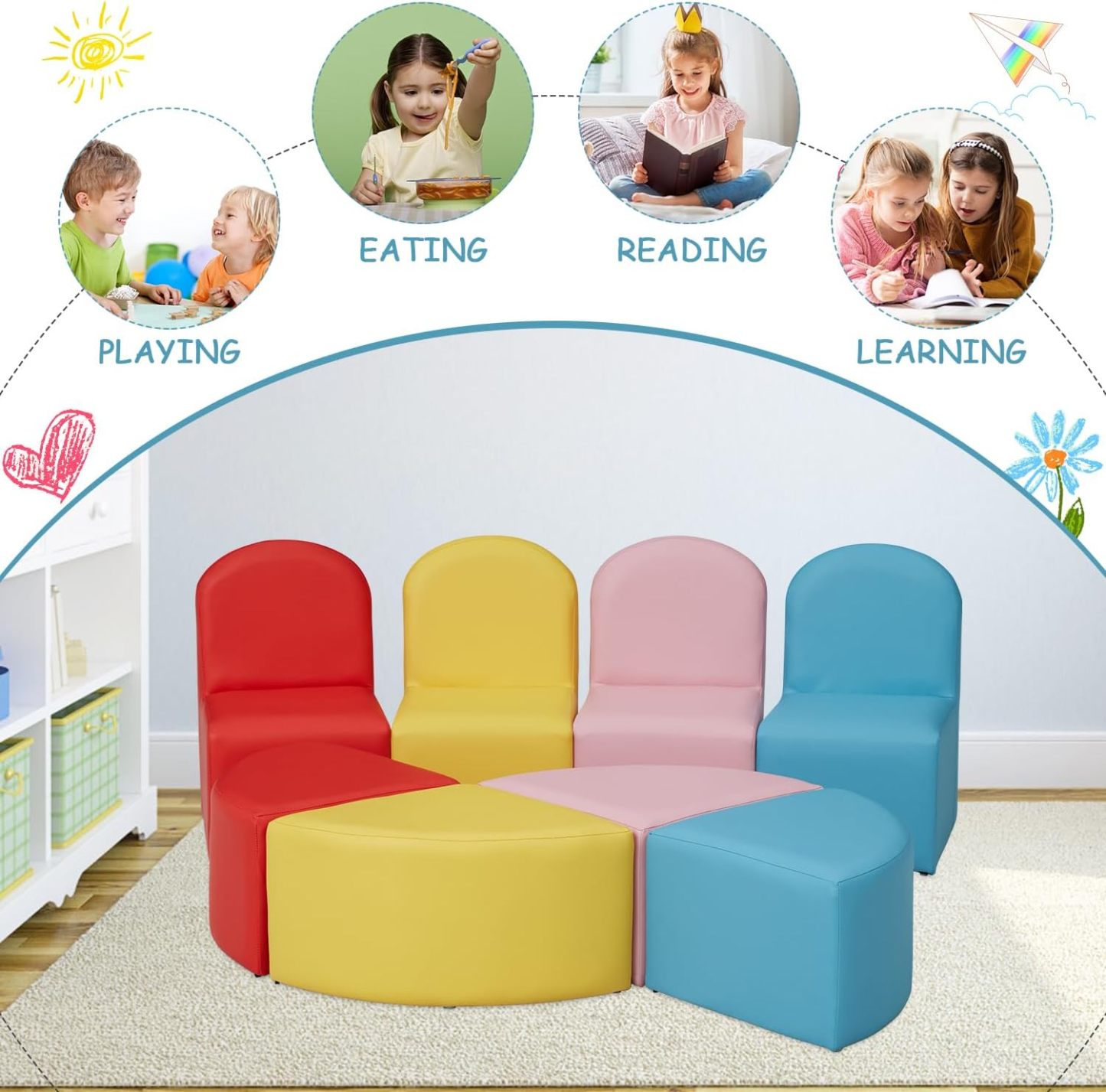 Kids Sofa Seating Set Convert to Table and 4 Chairs Colorful Stools