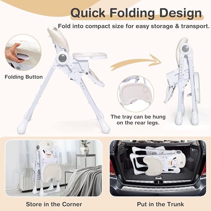 Plastic Foldable Highchair for Babies and Toddlers, 7 Adjustable Heights