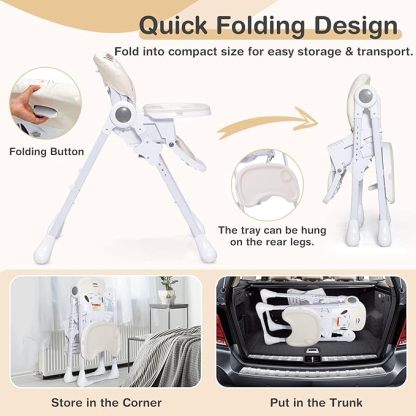 Plastic Foldable Highchair for Babies and Toddlers, 7 Adjustable Heights