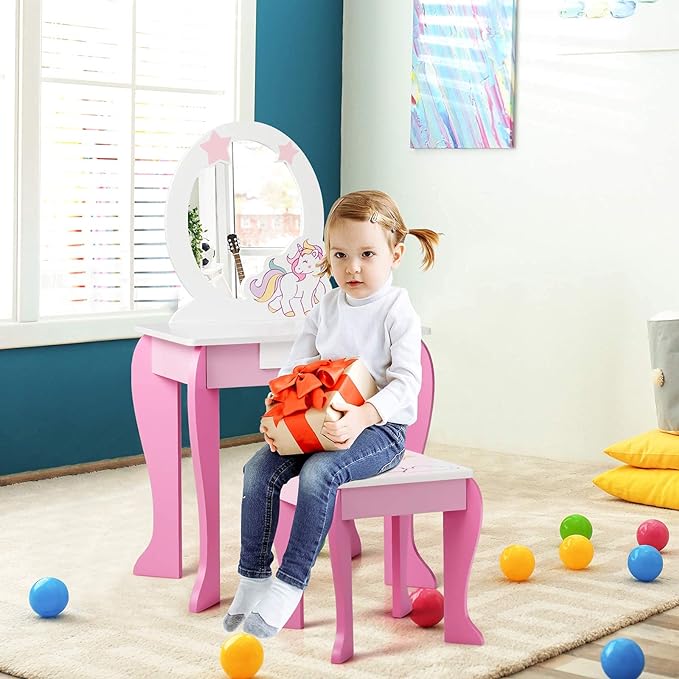 Kids Vanity Set with Mirror, Wooden Princess Makeup Table and Stool Set
