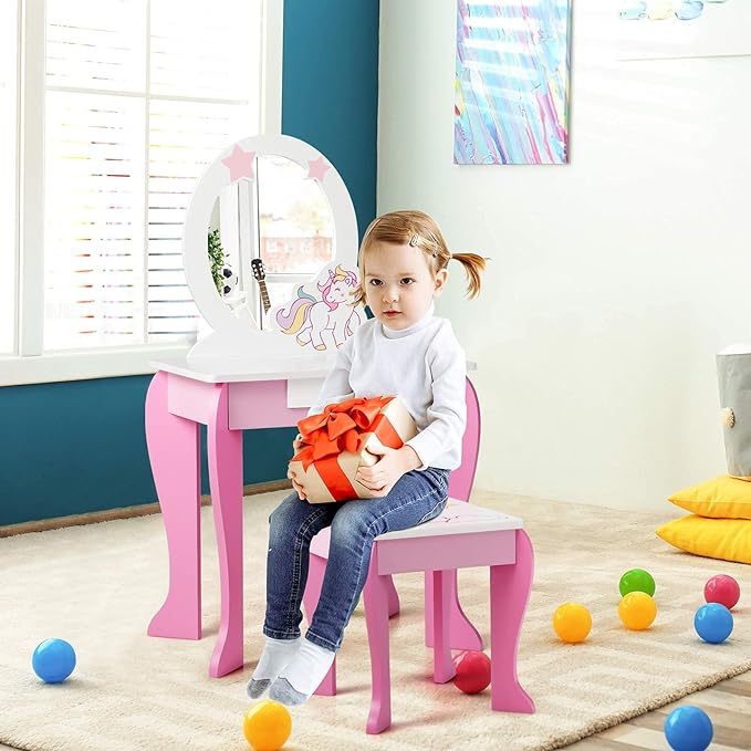 Kids Vanity Set with Mirror, Wooden Princess Makeup Table and Stool Set