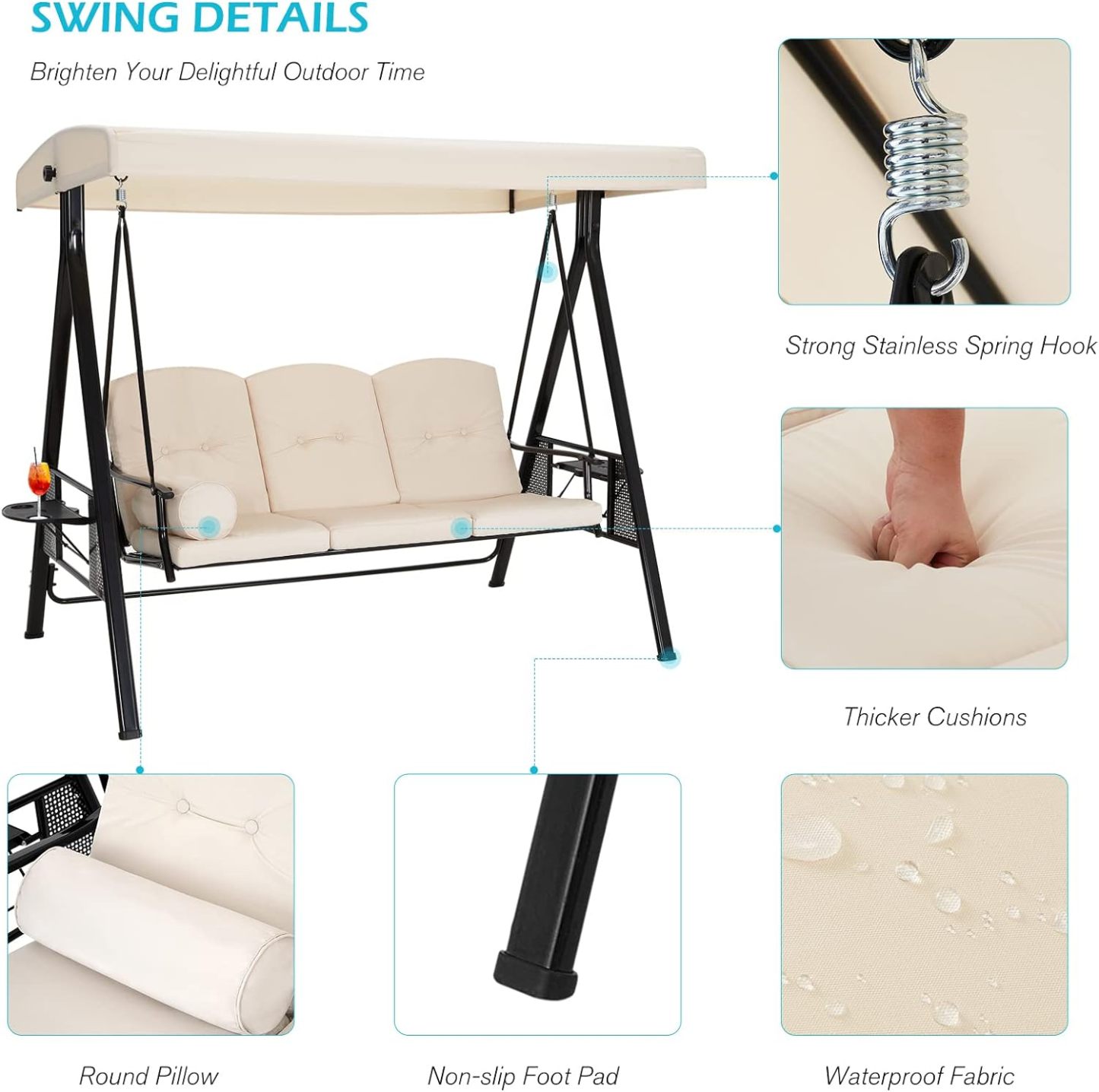 3-Seat Porch Swing Chair, Patio Swing Chair with Stand and Removable Cushions, Outdoor Canopy Swing Chair for Outside, Backyard, Garden(Beige Cushion&Steel Frame)