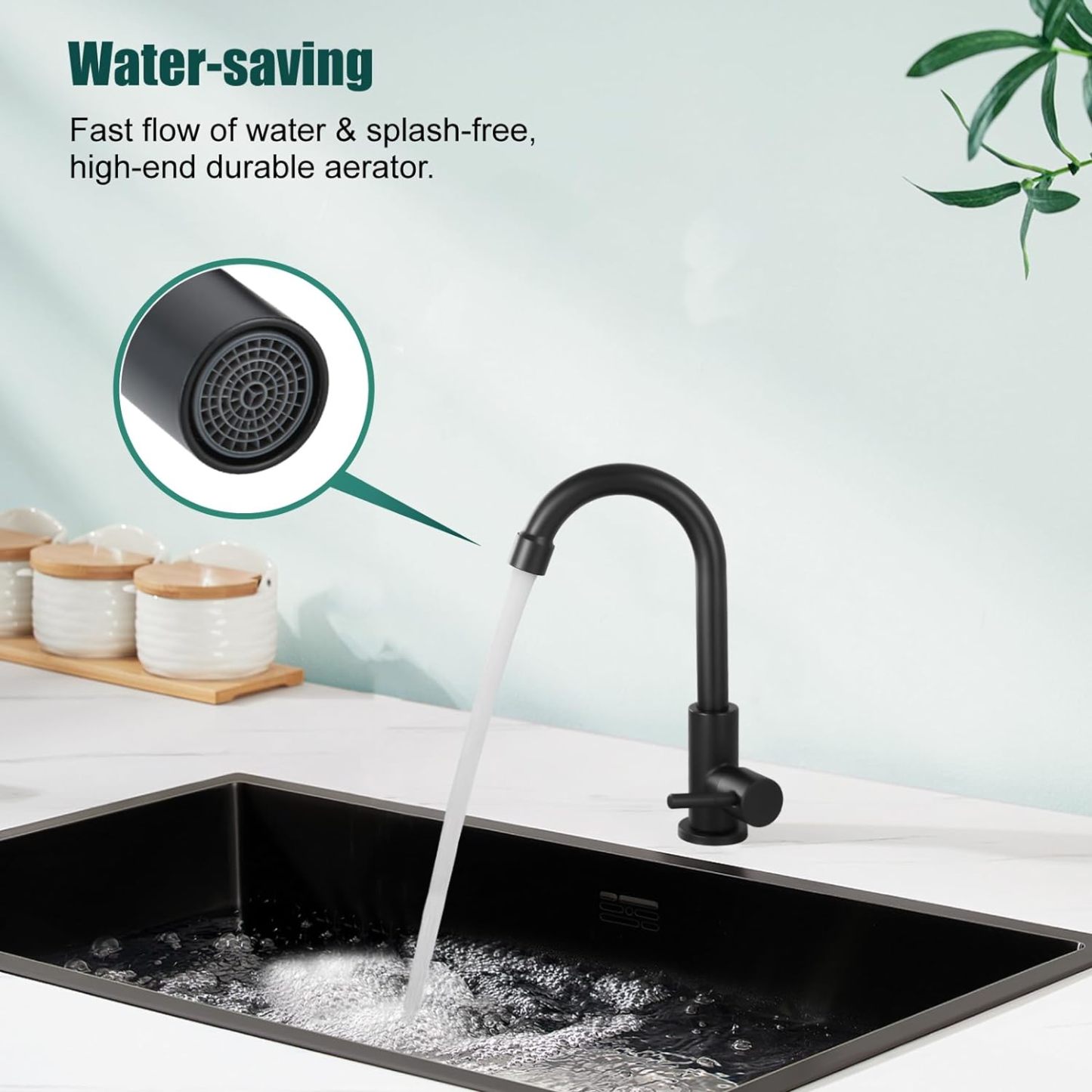 Matte Black Cold Water Only Kitchen Faucet Single Handle 1 Hole Deck Mount 360 Degree Swivel Spout High Arc SUS304 Stainless Steel Sink Bar Tap Goose Neck with Hose(Drain Not Included)
