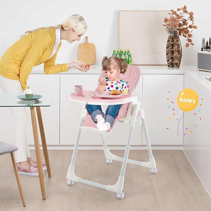 High Chair with Wheels, Foldable Highchair for Babies and Toddlers