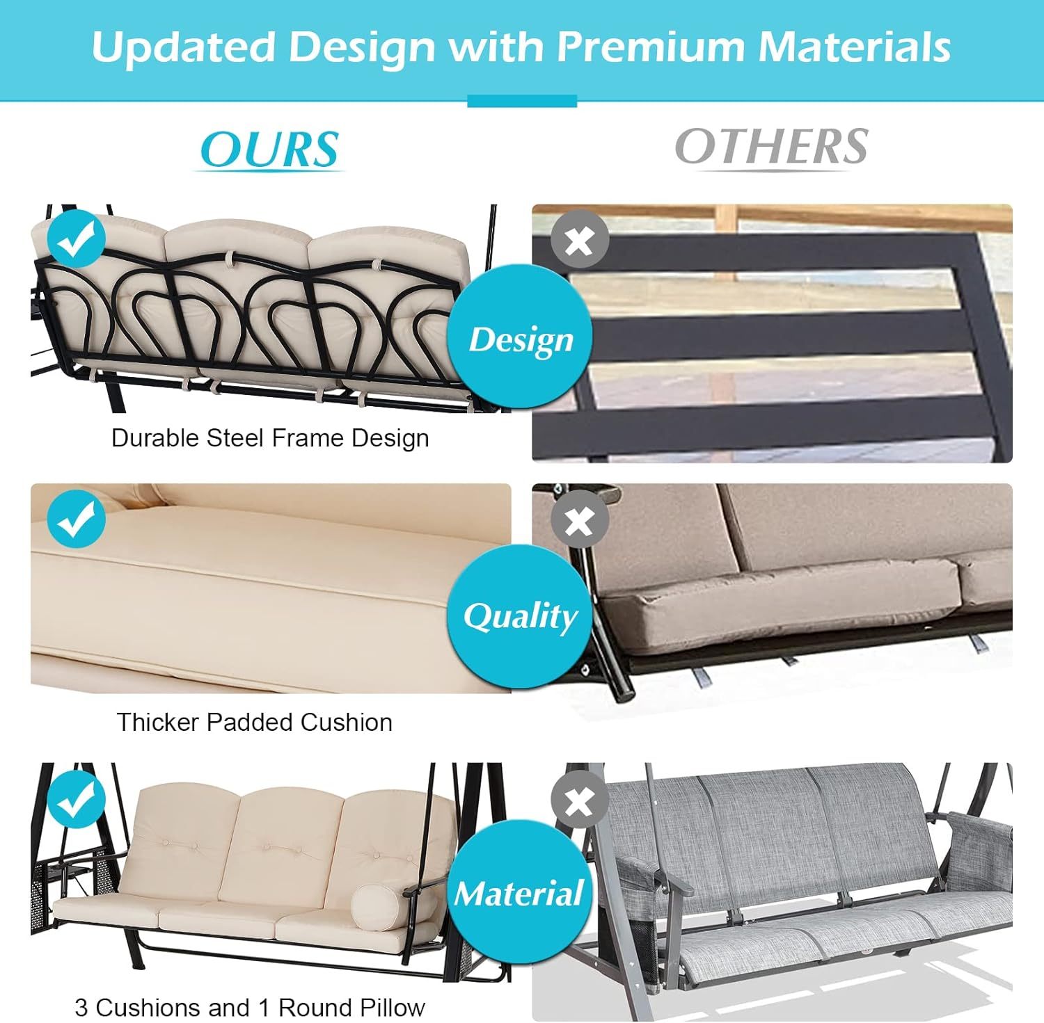 3-Seat Porch Swing Chair, Patio Swing Chair with Stand and Removable Cushions, Outdoor Canopy Swing Chair for Outside, Backyard, Garden(Beige Cushion&Steel Frame)