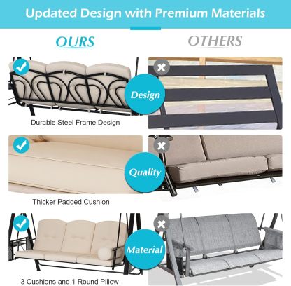 3-Seat Porch Swing Chair, Patio Swing Chair with Stand and Removable Cushions, Outdoor Canopy Swing Chair for Outside, Backyard, Garden(Beige Cushion&Steel Frame)