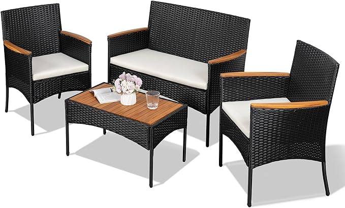 4-Piece Patio Furniture Set, Outdoor Wicker Patio Conversation Furniture Set